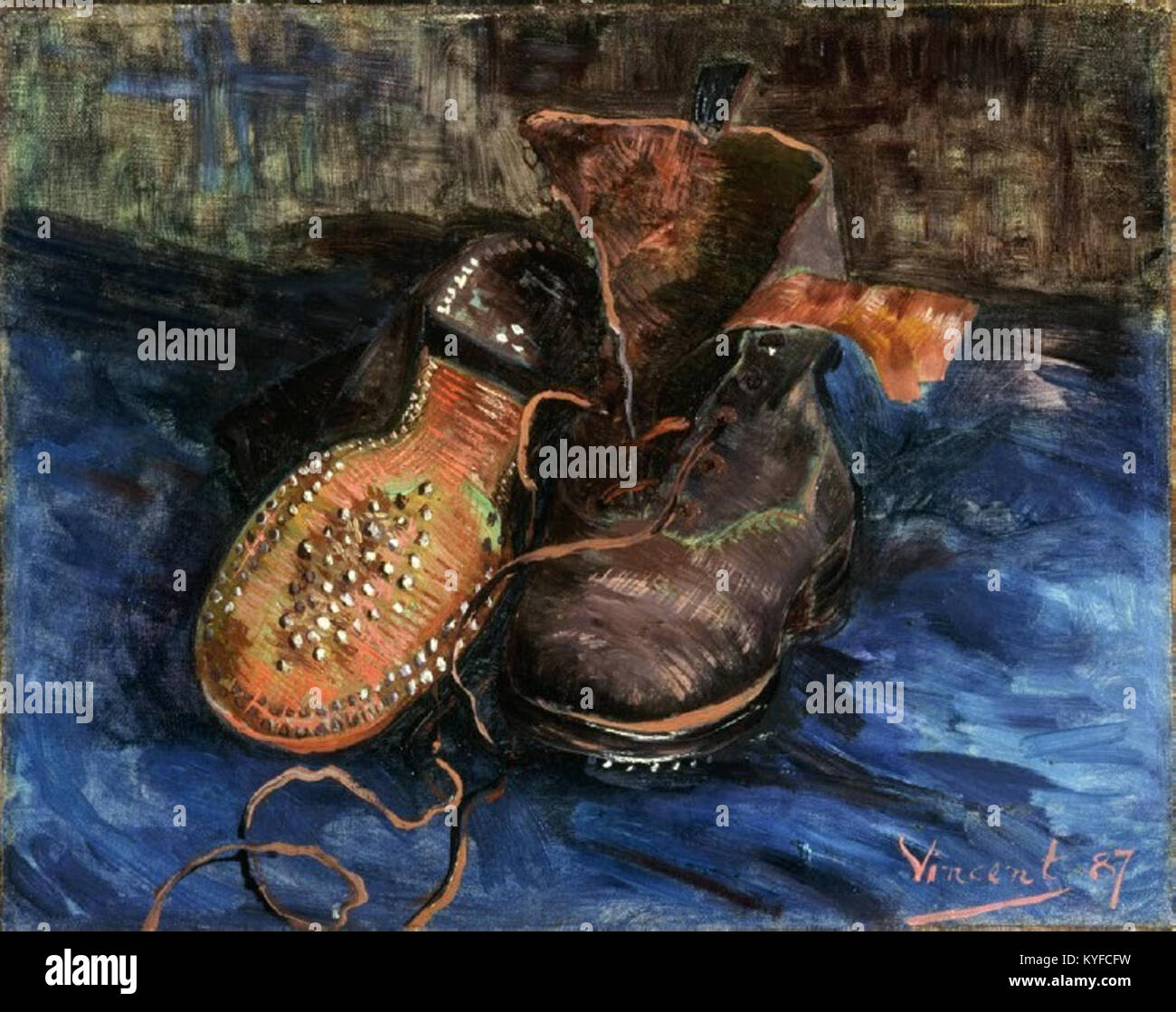 Il dipinto del 1887 di Vincent van Gogh "A Pair of Shoes" raffigura scarpe da lavoro indossate su un pavimento in legno, illustrando il suo uso di texture, colore e attenzione agli oggetti di uso quotidiano. Foto Stock