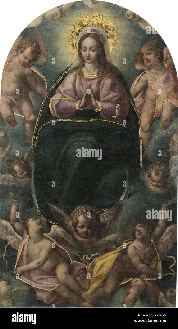 "Virgen con Ángeles" di Pablo de Céspedes è un dipinto barocco spagnolo raffigurante la Vergine Maria con angeli, eseguito con olio su tela, che mostra l'iconografia religiosa del XVI-XVII secolo, la composizione e le caratteristiche stilistiche barocche. Foto Stock