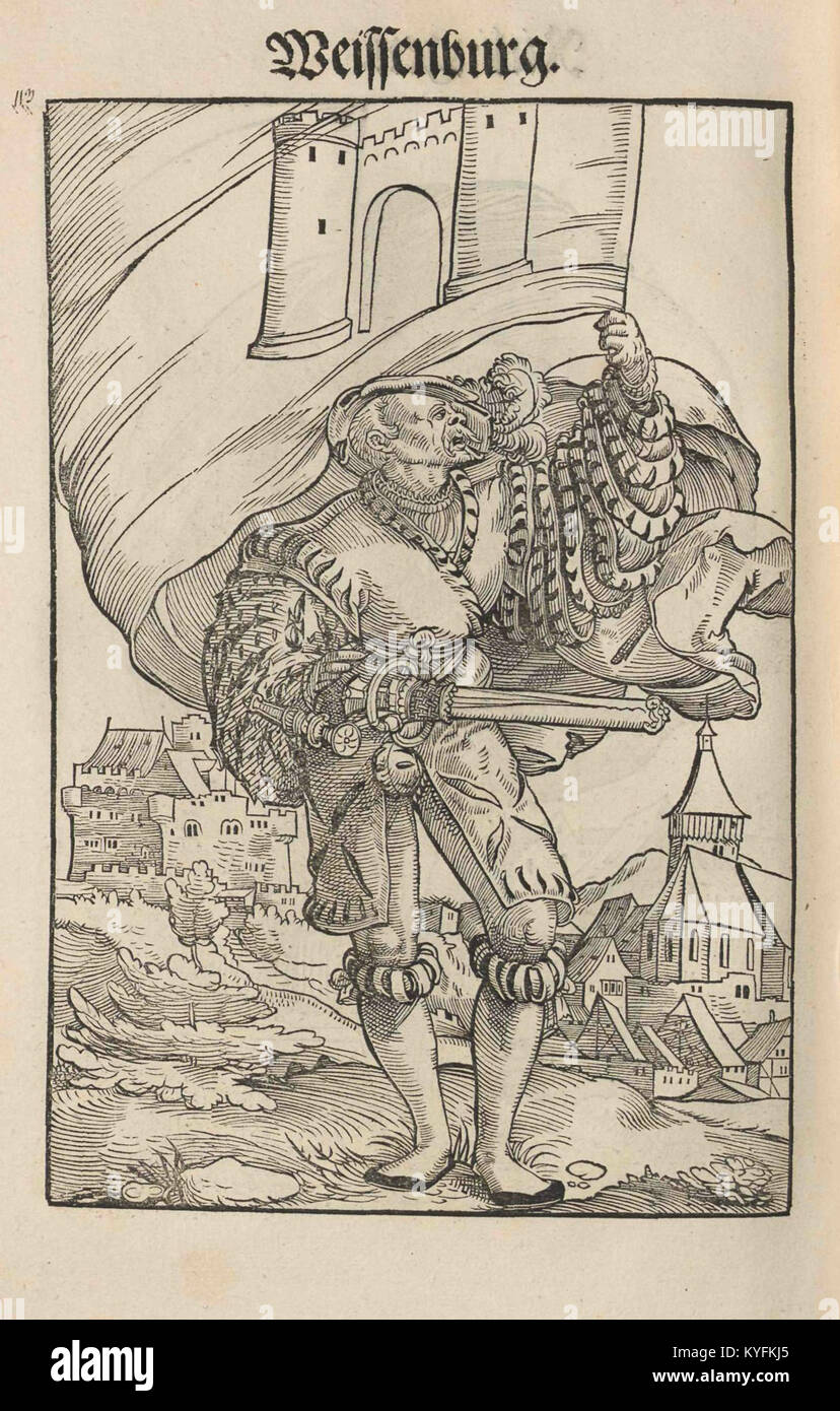 Lo stemma datato 1545 da Weissenburg (Weißenburg), Baviera, presenta simboli araldici dell'autorità locale nel XVI secolo. Foto Stock