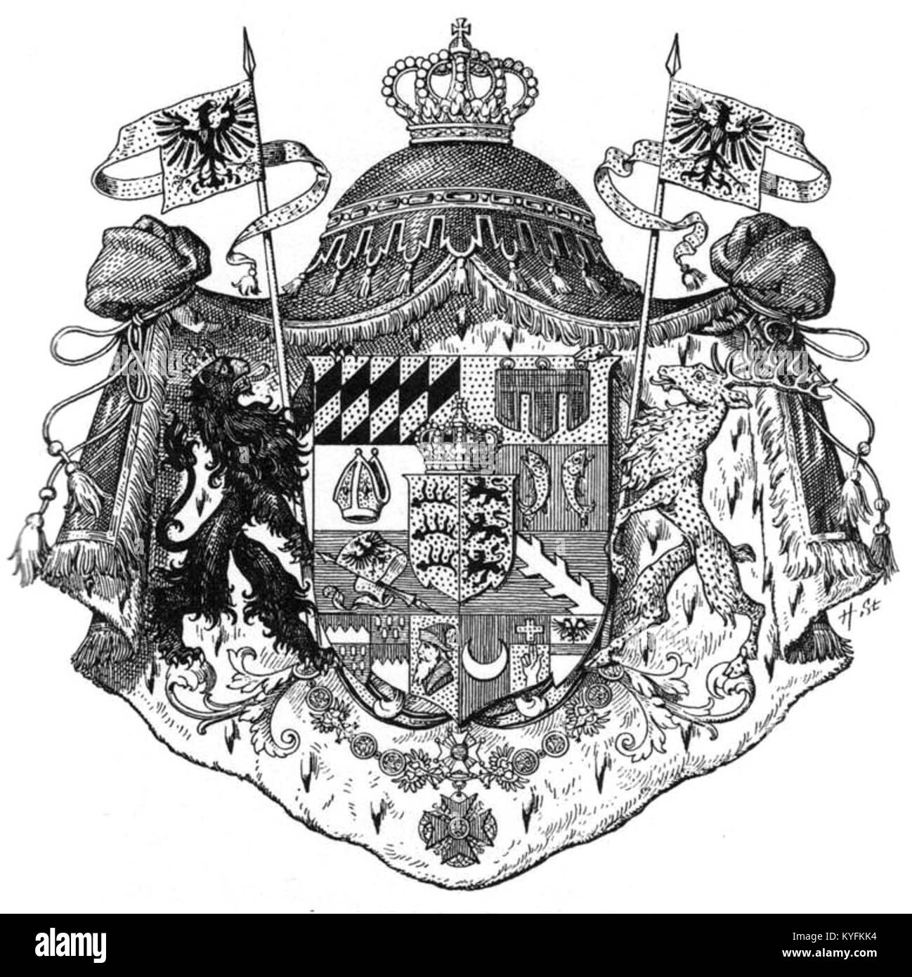 Questa immagine raffigura lo stemma del Regno di Württemberg, usato dal 1817 al 1918, con palchi e leoni neri su un campo d'oro. Foto Stock