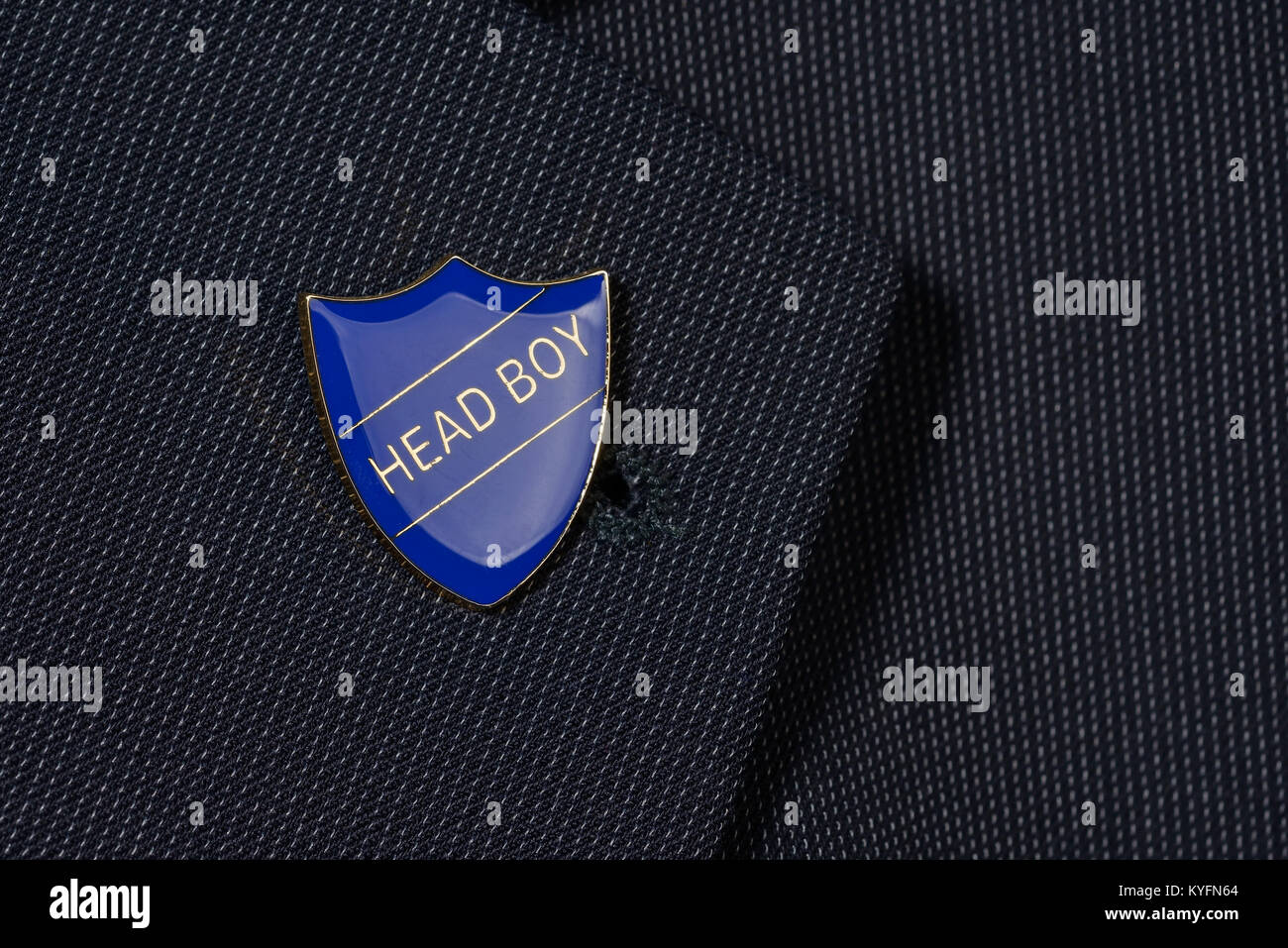 Testa blu ragazzo smalto spilla badge su un blazer nero Foto Stock