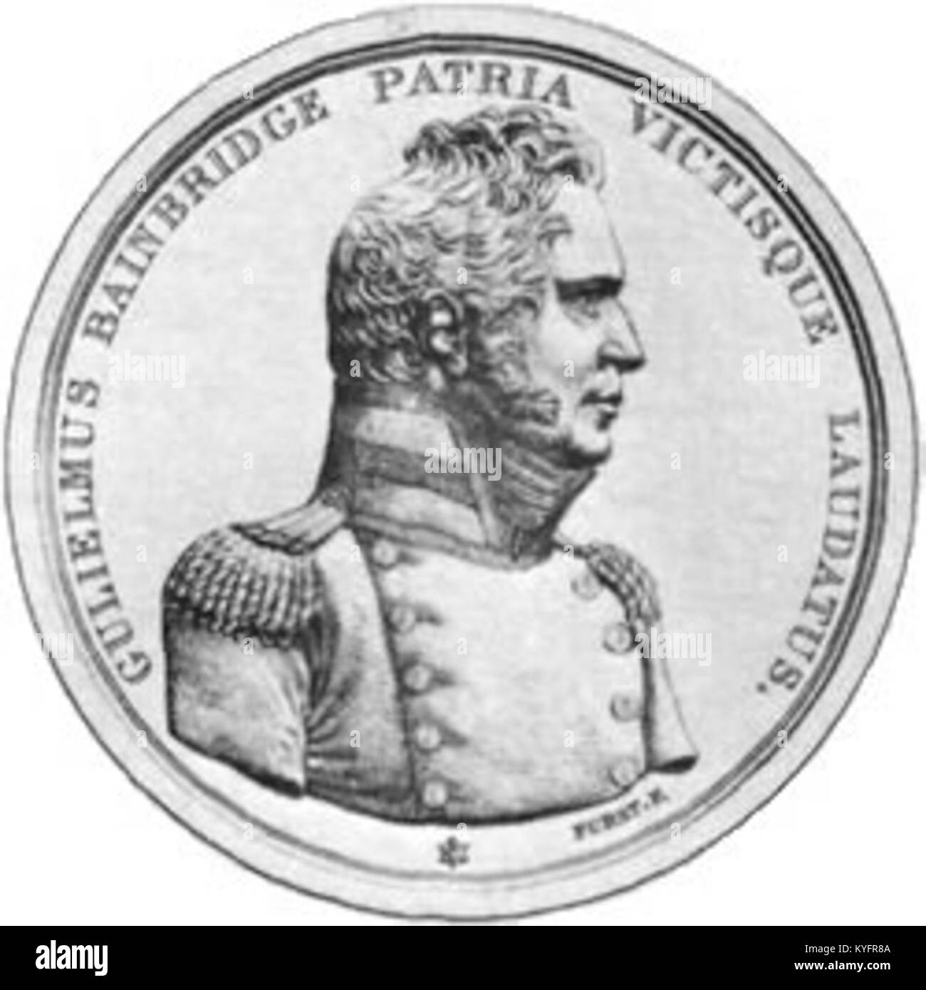 La vista frontale della Medaglia d'oro del Congresso assegnata a William Bainbridge, un ufficiale della marina statunitense dei primi anni del XIX secolo, evidenziandone il design, le iscrizioni e il significato storico. Foto Stock