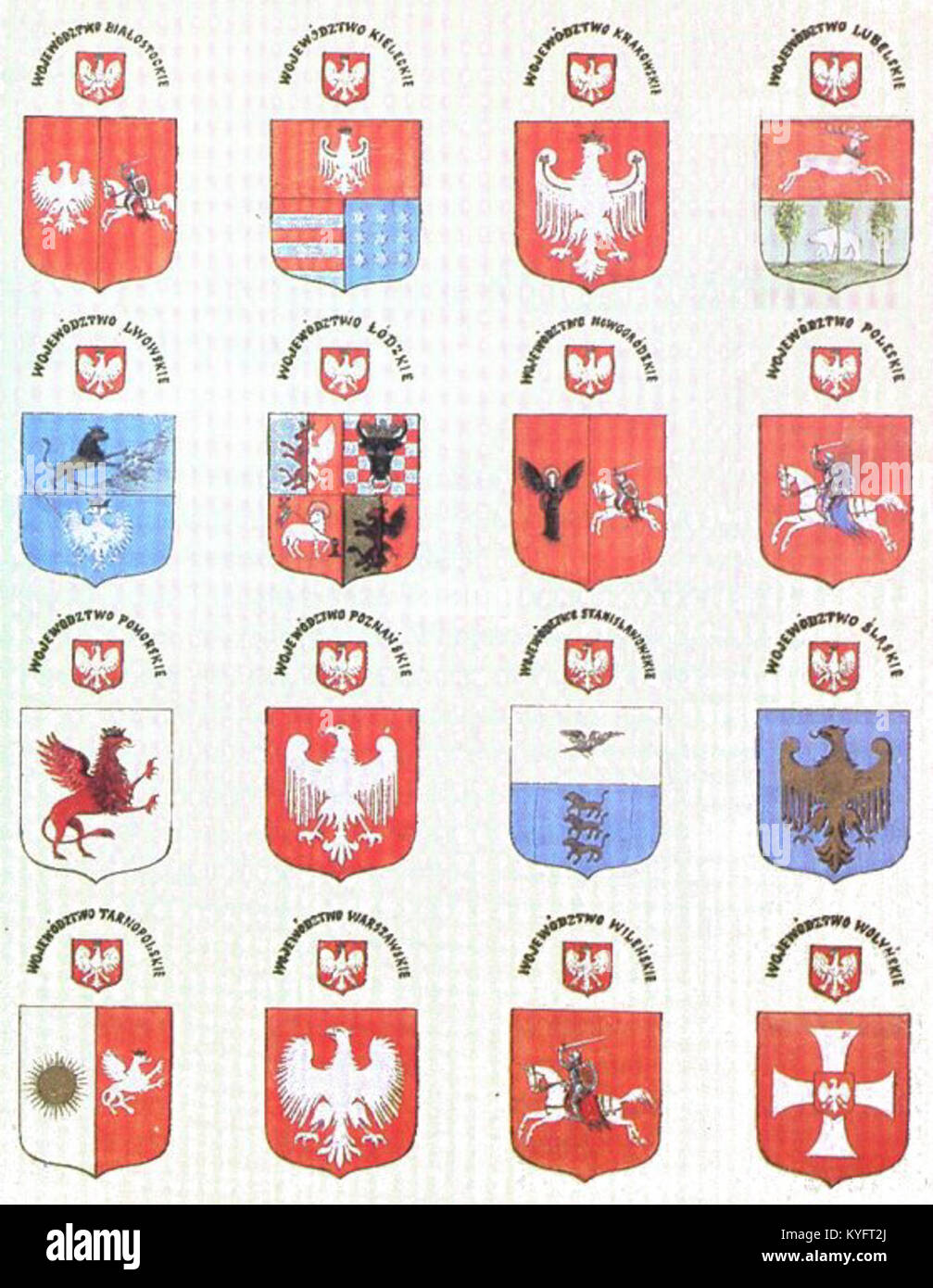 I progetti dello stemma per i voivodati della seconda Repubblica polacca illustrano disegni araldici e simboli regionali utilizzati nella Polonia interbellica. Foto Stock