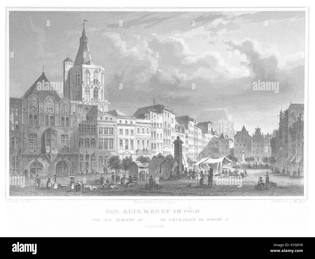 Litografia di Johann Gabriel Friedrich Poppel del 1852 raffigurante l'Alter Markt a Colonia, Germania, che mostra l'architettura storica e il layout urbano dell'area durante quel periodo. Foto Stock
