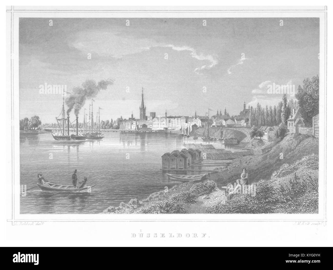 Un'incisione del 1852 di Poppel raffigurante una vista di Düsseldorf, Germania, che mostra l'architettura urbana del XIX secolo, i ponti e i dintorni del fiume Reno. Foto Stock