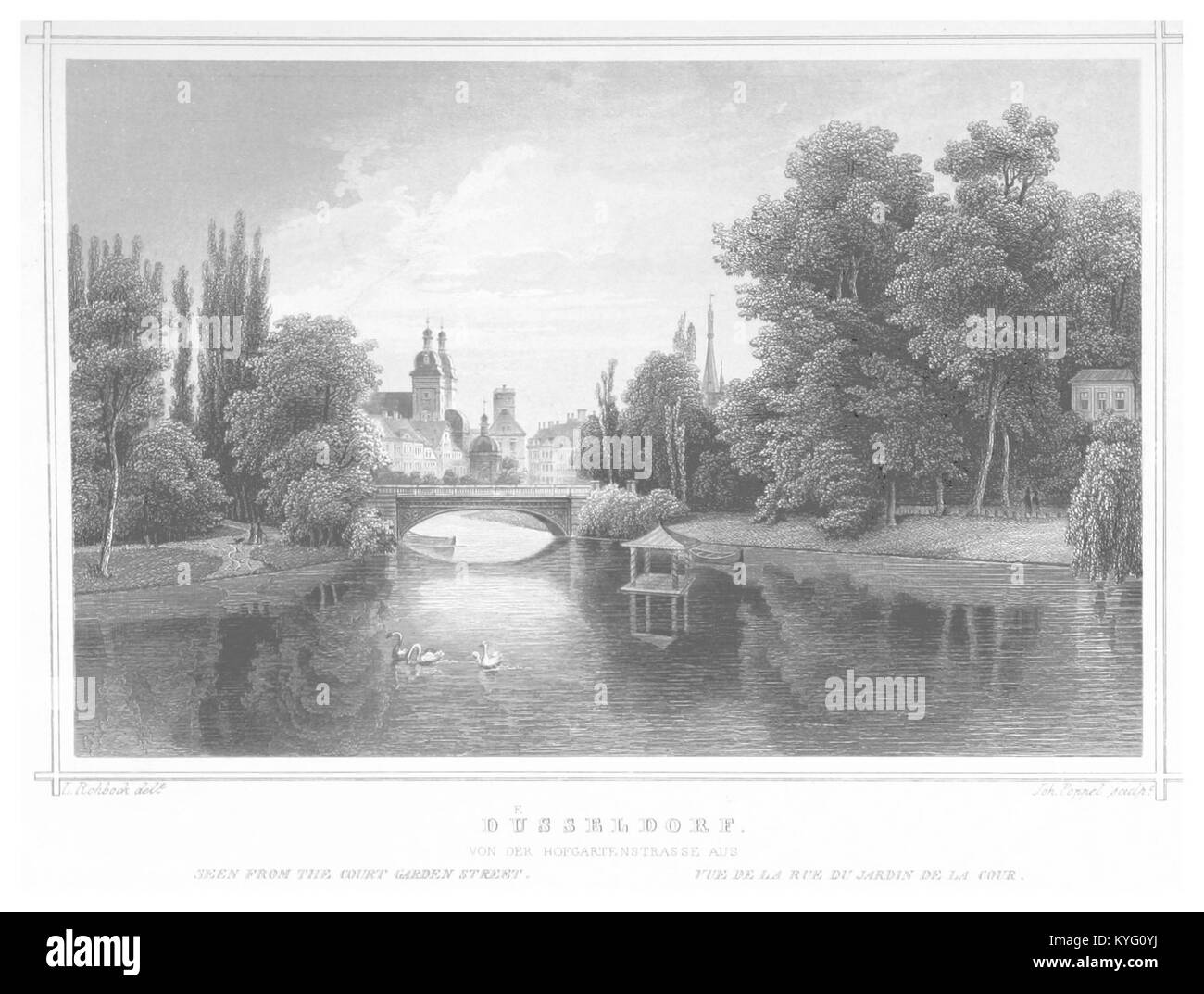 Questa immagine del 1852 mostra la città di Düsseldorf, Germania, illustrando una visione storica del paesaggio urbano durante la metà del XIX secolo, evidenziando lo sviluppo urbano e le caratteristiche architettoniche dell'epoca. Foto Stock