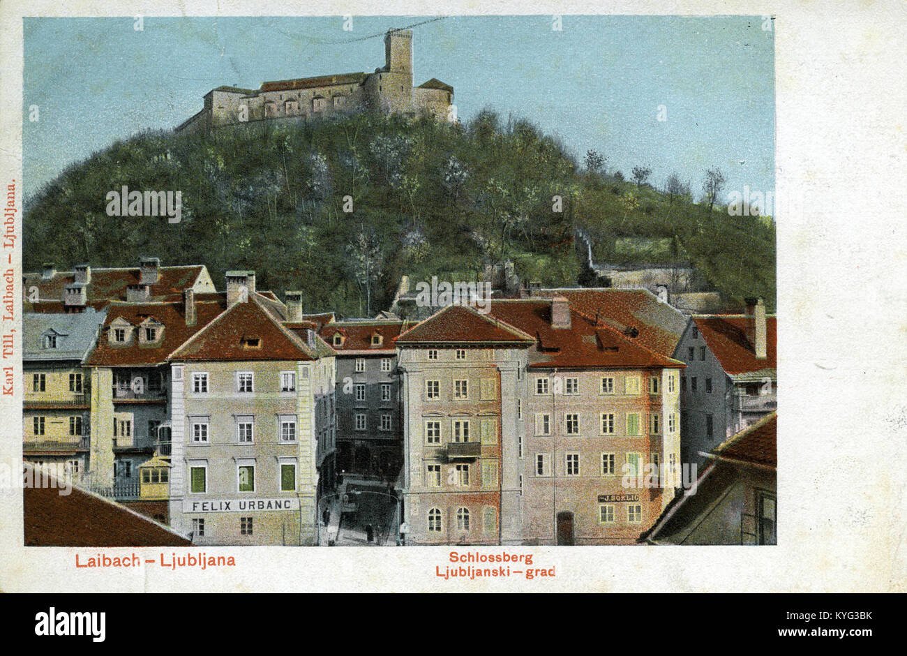 Una cartolina di Lubiana, Slovenia, che mostra la zona di Pod Tranco con strade, edifici e architettura che rappresentano il carattere storico e culturale della città. Foto Stock
