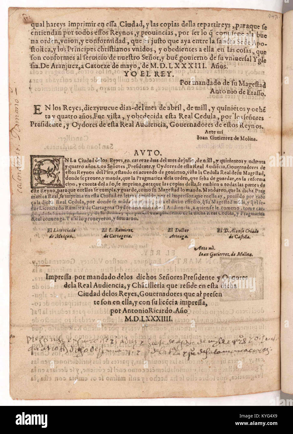 Pagina del documento dal Calendario Pragmática di Filippo II, 1583–1584, che mostra i registri amministrativi e le date storiche della Spagna. Foto Stock