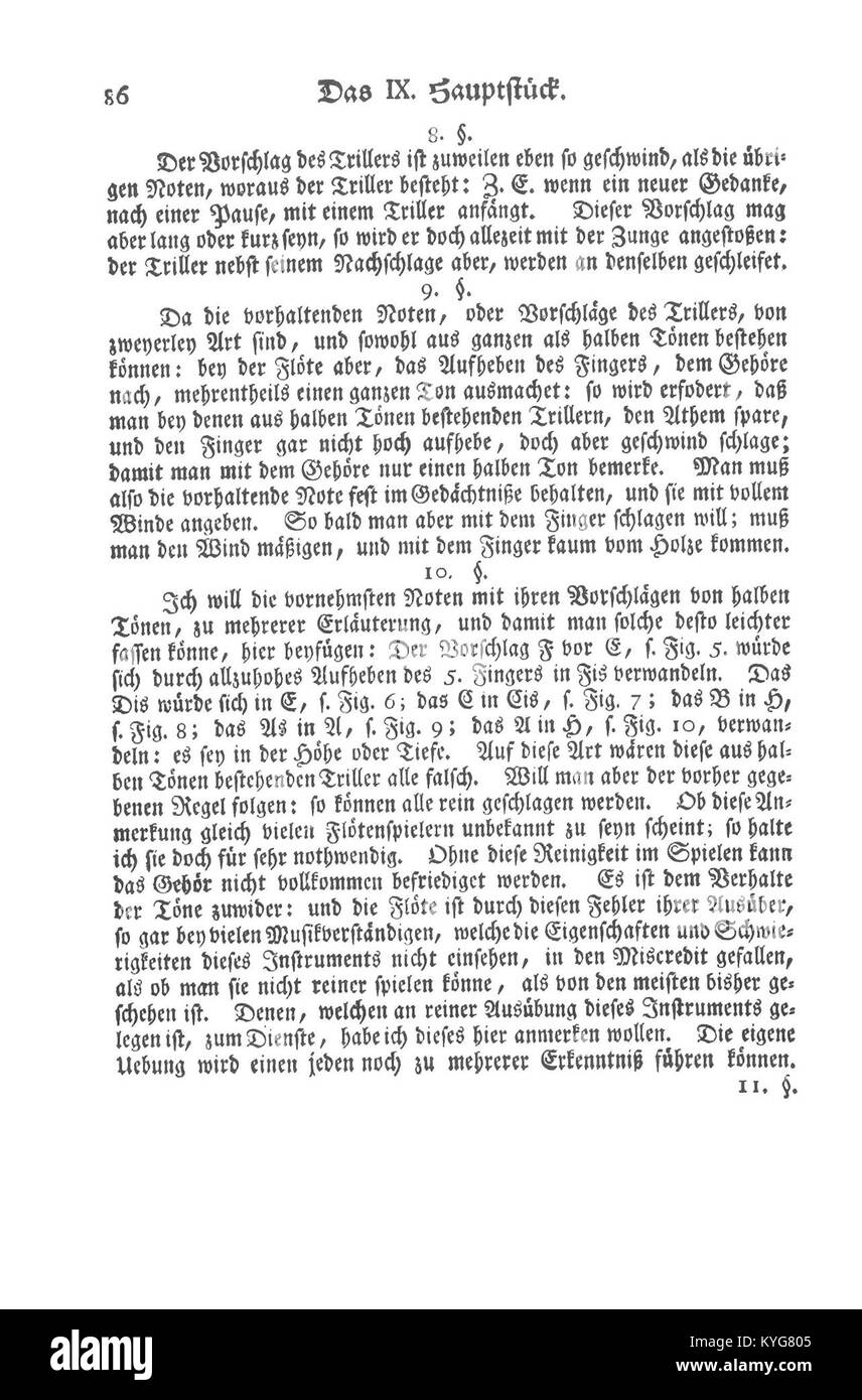Questa pagina tratta dal 'Versuch über die Flöte' di Quantz (1752) offre una panoramica sulla teoria musicale del XVIII secolo e sull'esecuzione del flauto, contribuendo alla musicologia storica e agli studi di musica classica. Foto Stock