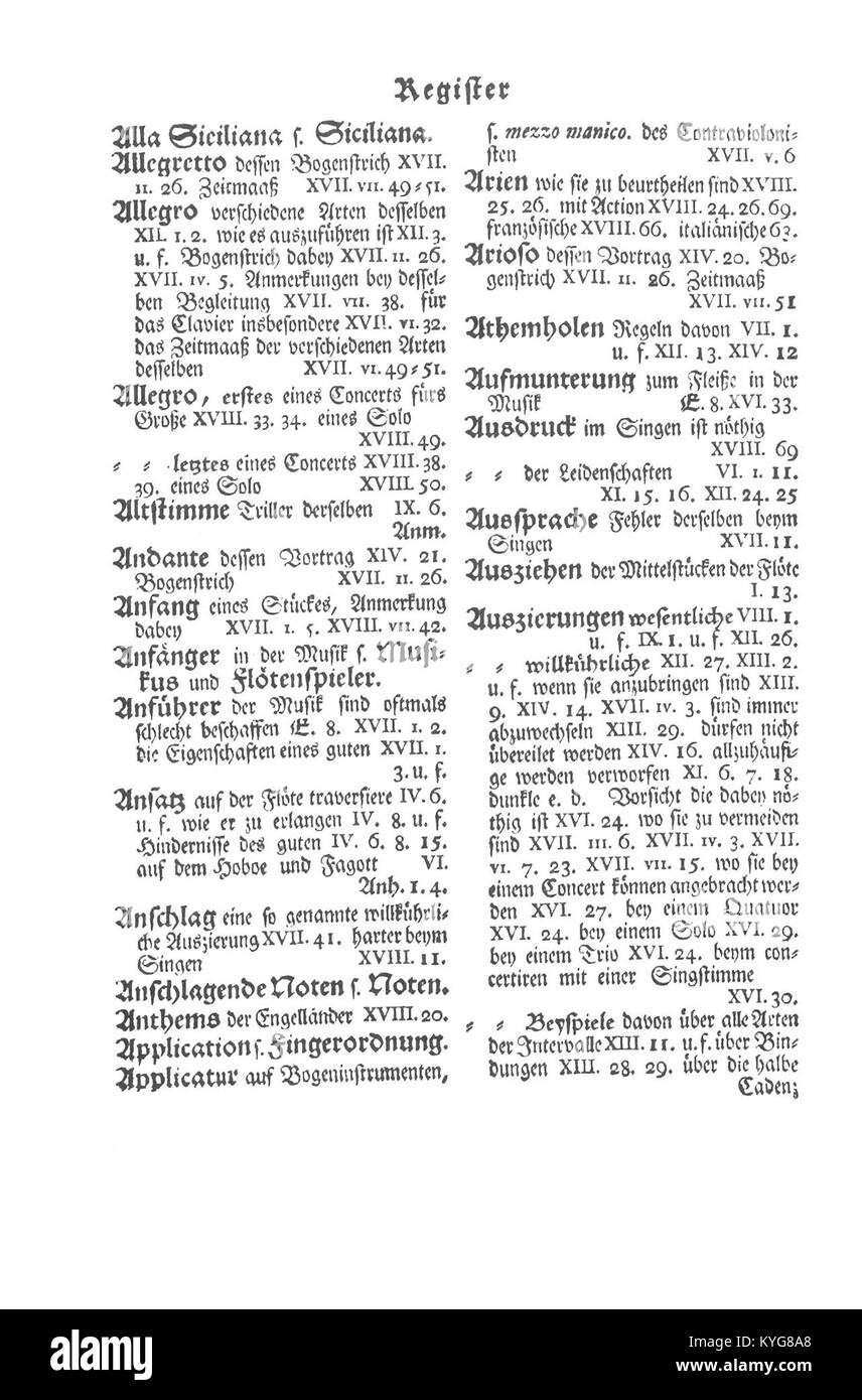 La "Versuch über die Flöte" del 1752 di Johann Joachim Quantz è un trattato fondamentale sul flauto e sulla tecnica, che offre approfondimenti sull'esecuzione e l'istruzione della musica barocca. Foto Stock