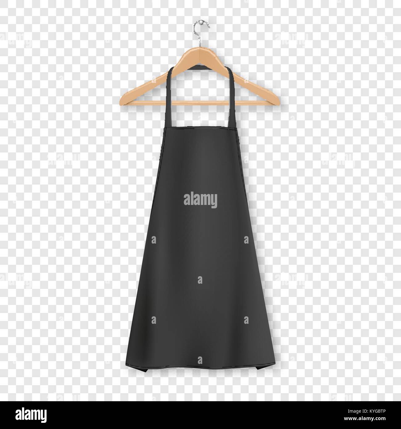 Vettore vuoto nero in cotone Grembiule da cucina con vestiti appendiabiti in legno closeup isolata sulla griglia di trasparenza dello sfondo. Modello di progetto, mock up per il branding, pubblicità ecc. La cottura o baker concept Illustrazione Vettoriale