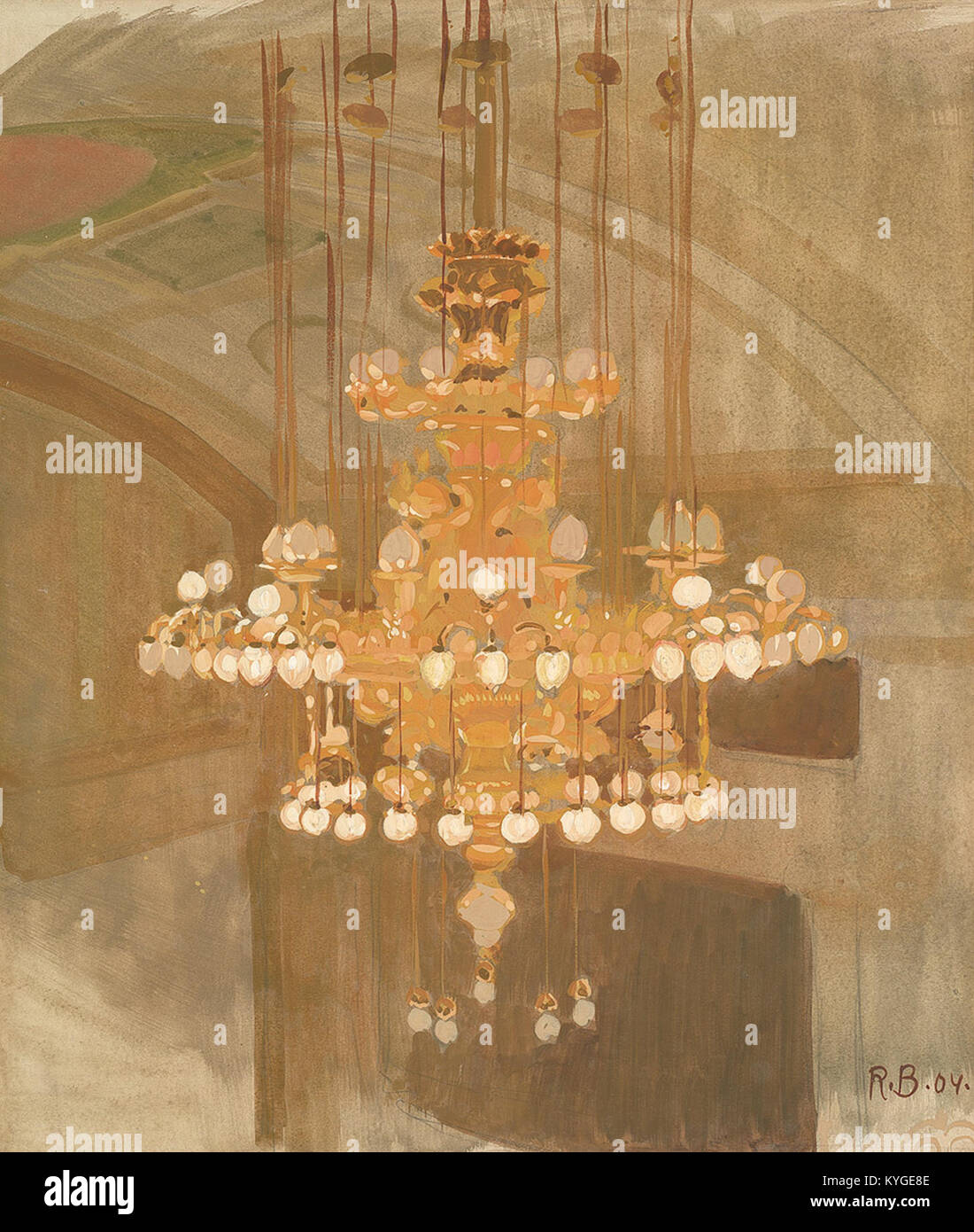 "Theaterluster" è un dipinto gouache di Richard Böklen, creato nel 1904. L'opera d'arte, di 44 x 37 cm, raffigura un lampadario teatrale e mette in mostra l'attenzione di Böklen per i dettagli e l'uso di luce e ombra. Foto Stock