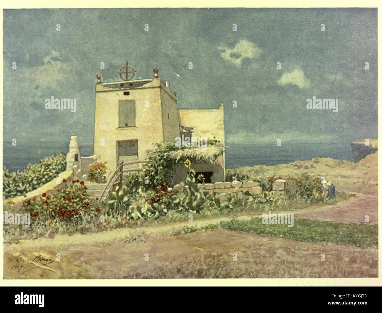 Fotografia di una casa di campagna a Gozo, Malta, intorno al 1910, che illustra l'architettura rurale maltese, i materiali da costruzione e l'uso residenziale all'inizio del XX secolo. Foto Stock
