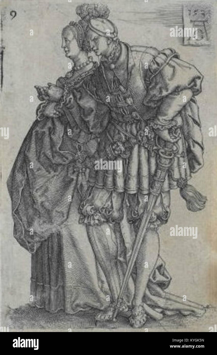Una stampa di Heinrich Aldegrever raffigurante una coppia danzante della collezione "Velkych svatebnich tanecniku", che mostra il costume e il movimento del XVI secolo. Foto Stock