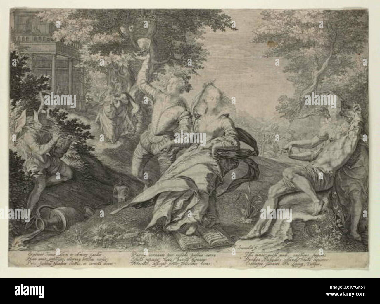 Questa stampa di Jan Saenredam (1565-1607) raffigura una scena di "parabola delle Vergini sagge e sciocche", che illustra la narrazione religiosa e la tecnica artistica rinascimentale. Foto Stock