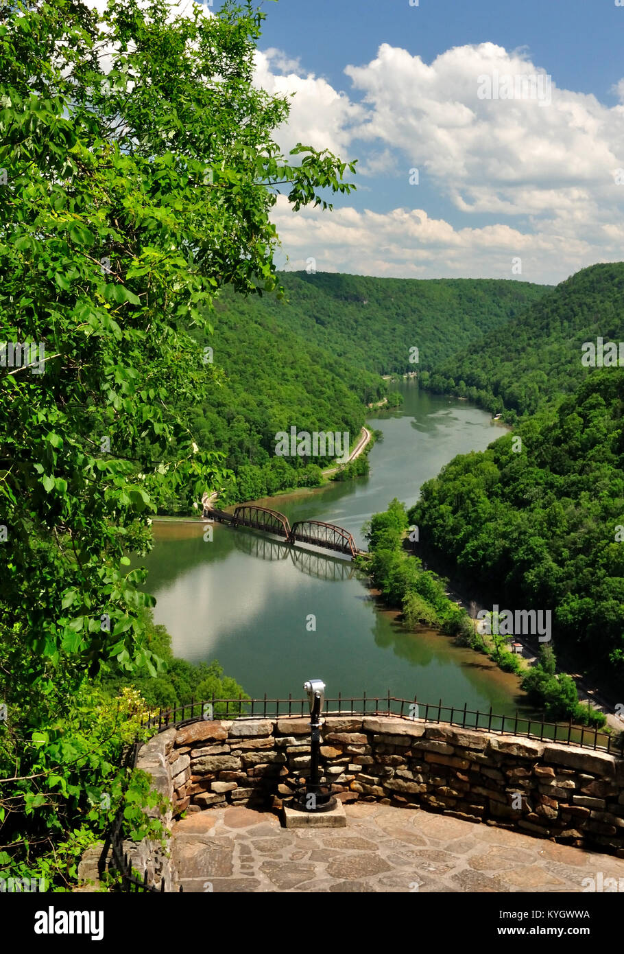 Nidificano falchi si affacciano, mostrando il lago e la foresta in New River Gorge Foto Stock