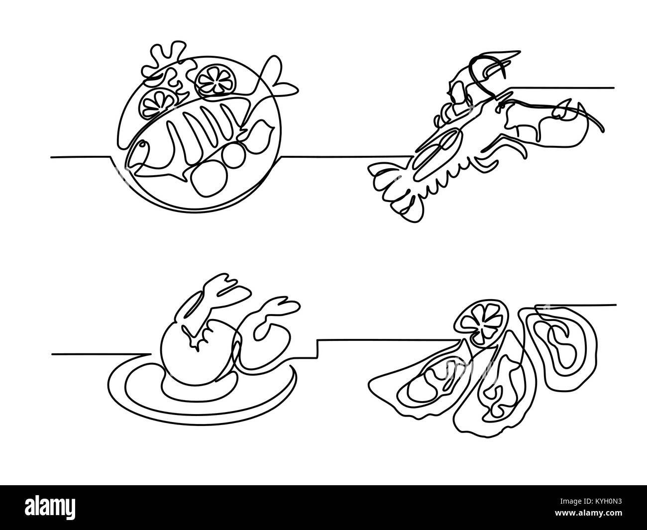 Impostare grigliate di pesce sulla piastra con limone e patate. Illustrazione Vettoriale