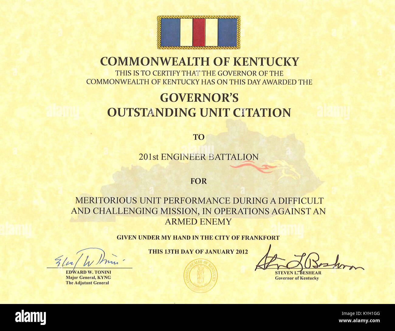 Citazione presentato al 201st Engineer Battaglione di riconoscere le unità i successi e i contributi per il paese e il Commonwealth. Foto Stock
