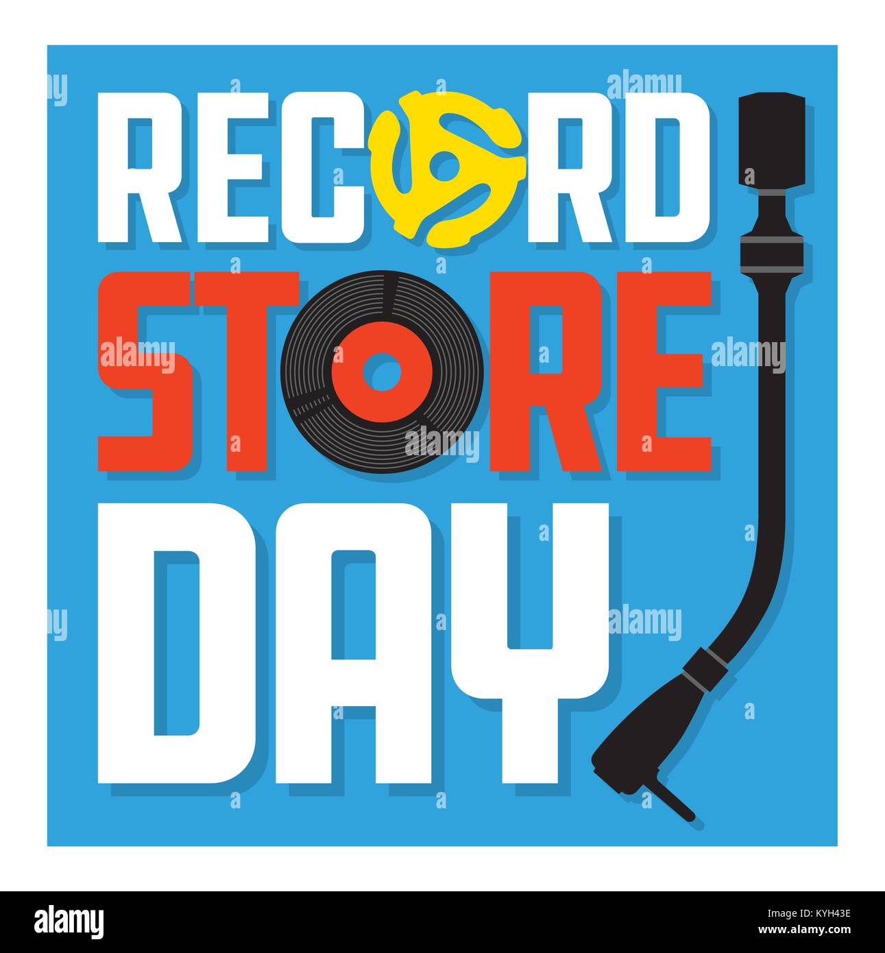 Record Store Day Album Cover Design. Vector design dotato di dischi in vinile, registrare inserimento del mandrino adattatore, giradischi braccio il tono e le parole di registrare Stor Illustrazione Vettoriale