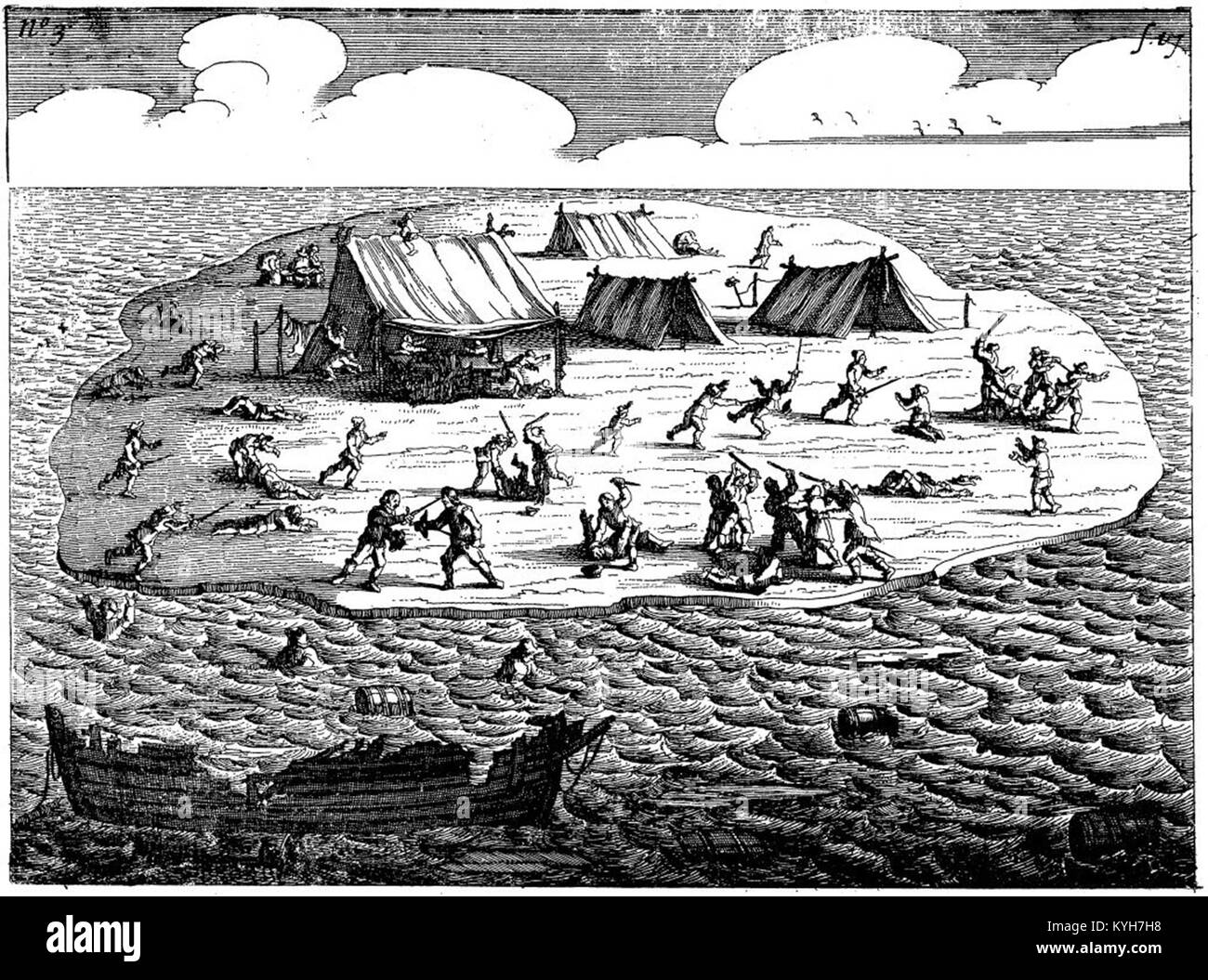 Batavia Mutiny, 1647 l'incisione che mostra il Beacon Island massacro dei sopravvissuti al naufragio di Batavia Foto Stock