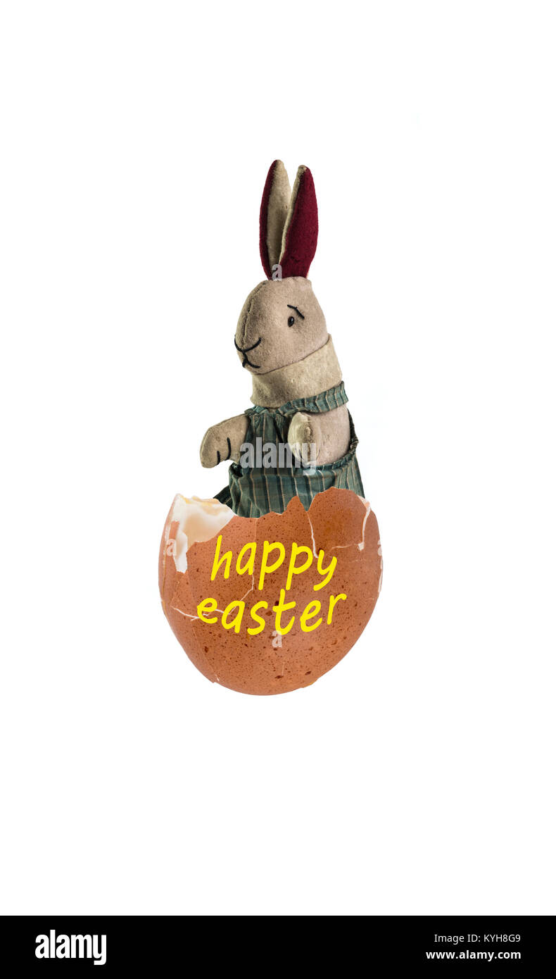 Soffice coniglio giocattolo seduto all'interno di un guscio d'uovo, con le parole buona Pasqua. Foto Stock