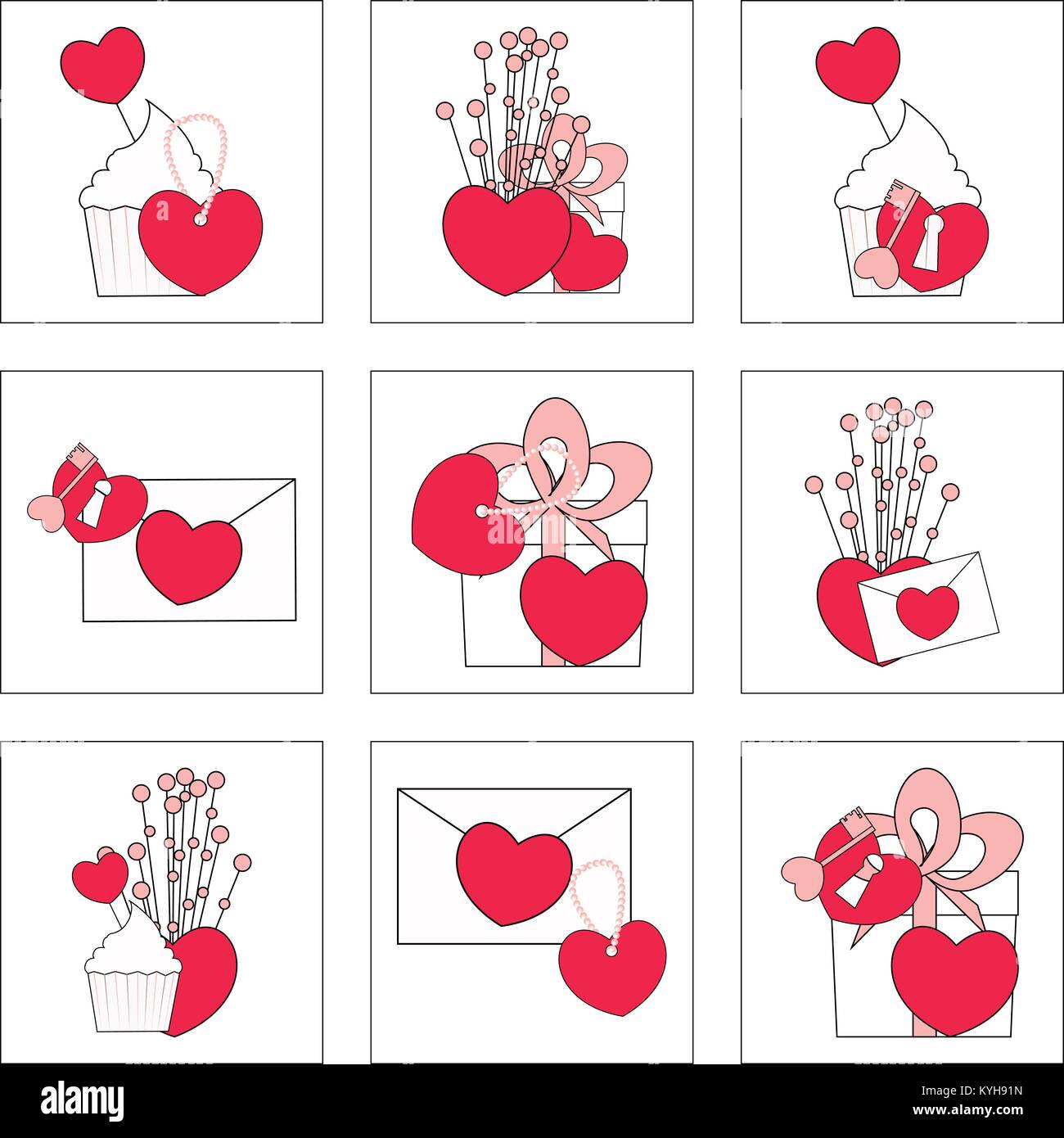 Illustrazione Vettoriale di amore icone. Ideale per le schede Valetine decorazione. Cuori set di icone. Graziosi doni, torte, bouquet, collana Illustrazione Vettoriale
