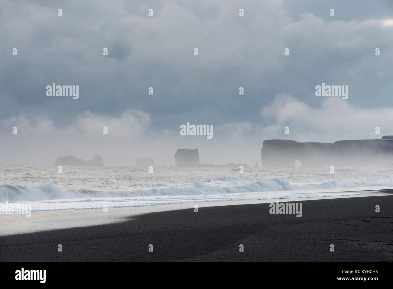 Dirholaey scogliere e tempesta di neve. L'Islanda, vicino a VIK. Mid-November, Dominique Braud/Dembinsky Foto Assoc Foto Stock