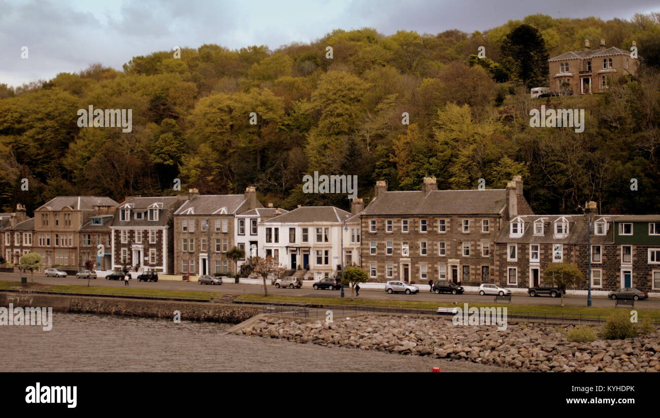Rothesay panoramica baia del porto,Isle of Bute vista monte stuart strada dal traghetto sul mare dell'isola Regno Unito Foto Stock