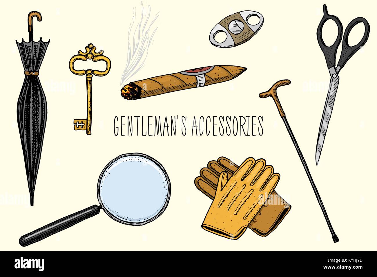 Gentleman accessori. hipster o imprenditore, età vittoriana incisi disegnati a mano nel vecchio schizzo vintage. forbici e ombrellone, bastone sigaro e magnifier, guanti e chiave. Illustrazione Vettoriale