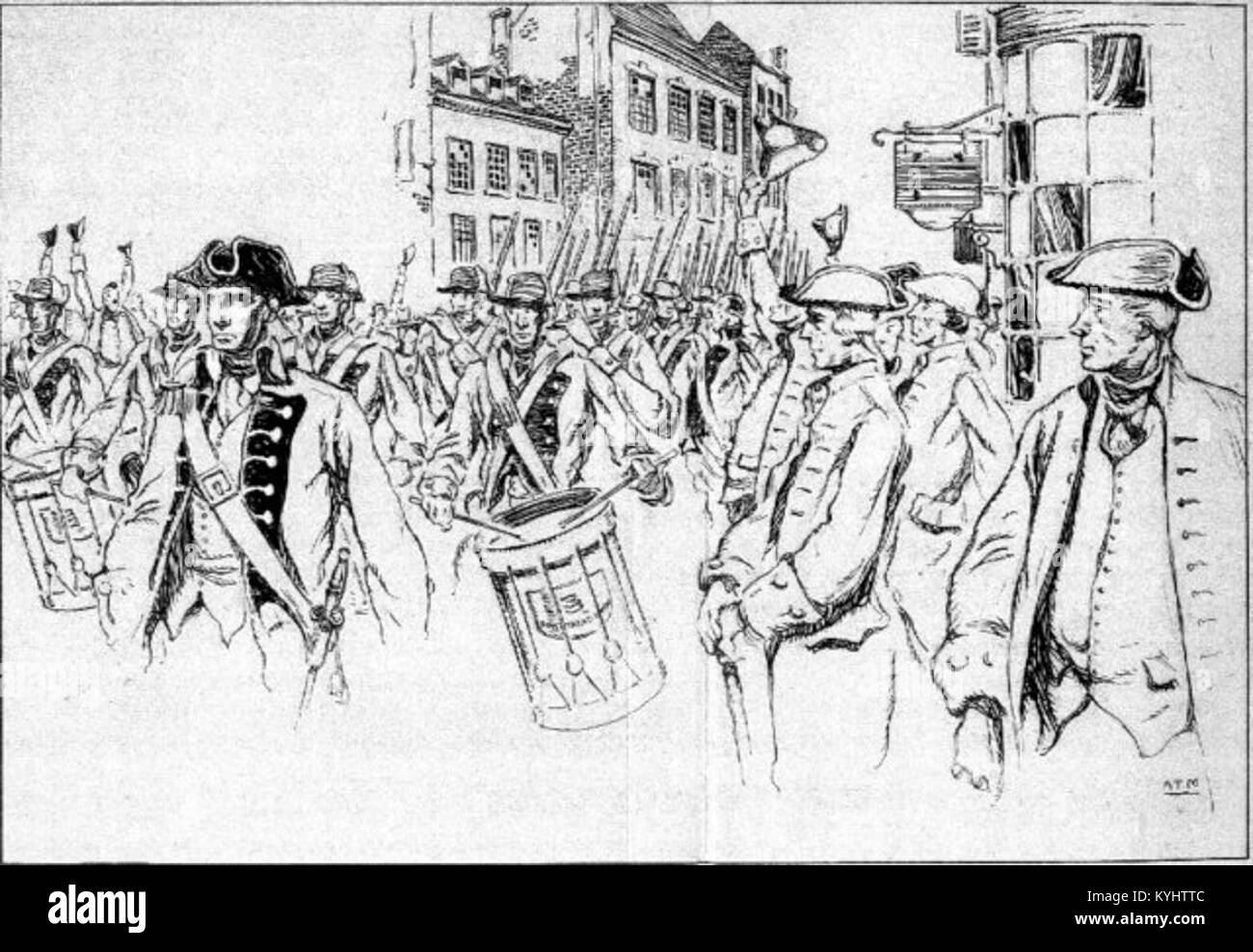 I Marines di Samuel Nicholas marciarono verso Princeton, 1777, un evento chiave della rivoluzione americana, mostrando i primi corpi dei Marines in formazione. Foto Stock