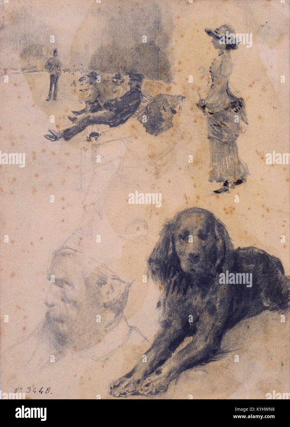 Gli studi di Santiago Rusiñol sulle figure e un cane raffigurano l'anatomia umana e animale, la tecnica artistica e l'arte spagnola dell'inizio del XX secolo Foto Stock