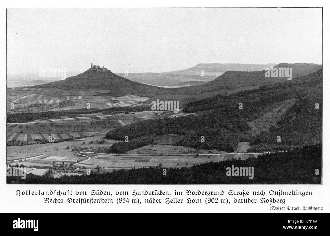 Fotografia della regione di Schwabenalb che mostra Zollerlandschaft, Hohenzollern, Dreifürstenstein, Zeller Horn e Roßberg, compresi i sigilli ufficiali e le caratteristiche geografiche Foto Stock