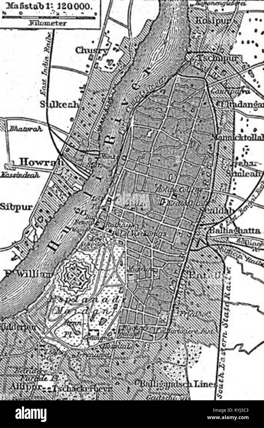Questa mappa storica mostra il layout di Kolkata (Calcutta), in India, illustrando i primi piani urbanistici, le reti stradali e i modelli di sviluppo della città. Foto Stock