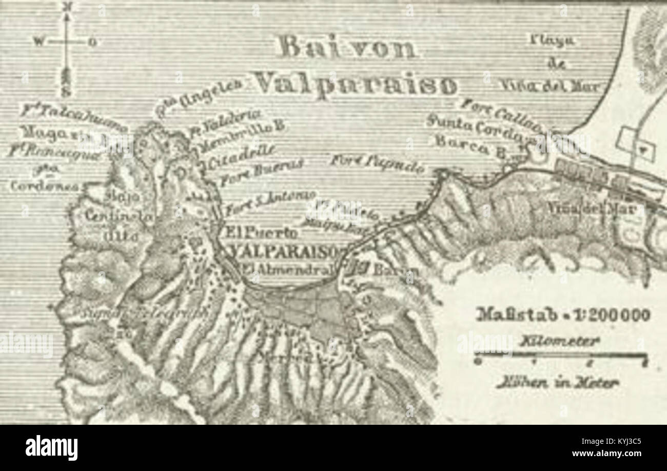 Una mappa situazionale di Valparaíso, Cile, che mostra la struttura urbana, la topografia e le infrastrutture chiave della città, illustrando lo sviluppo della città portuale e l’organizzazione spaziale. Foto Stock