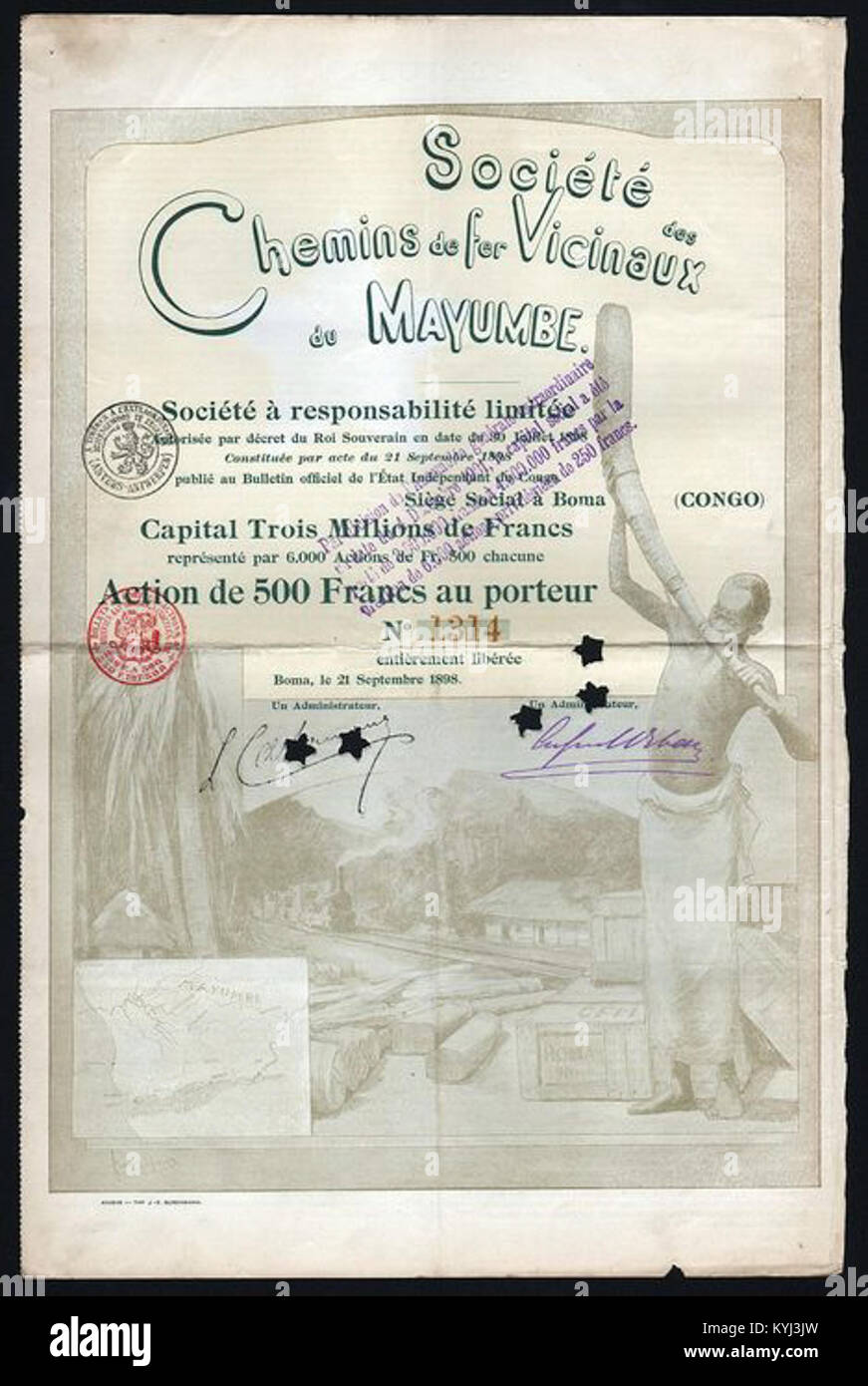 Un'obbligazione al portatore del 1898 emessa dalla Société des Chemins de fer Vicinaux du Mayumbe, una compagnia ferroviaria del Congo belga, del valore di 500 franchi. Foto Stock