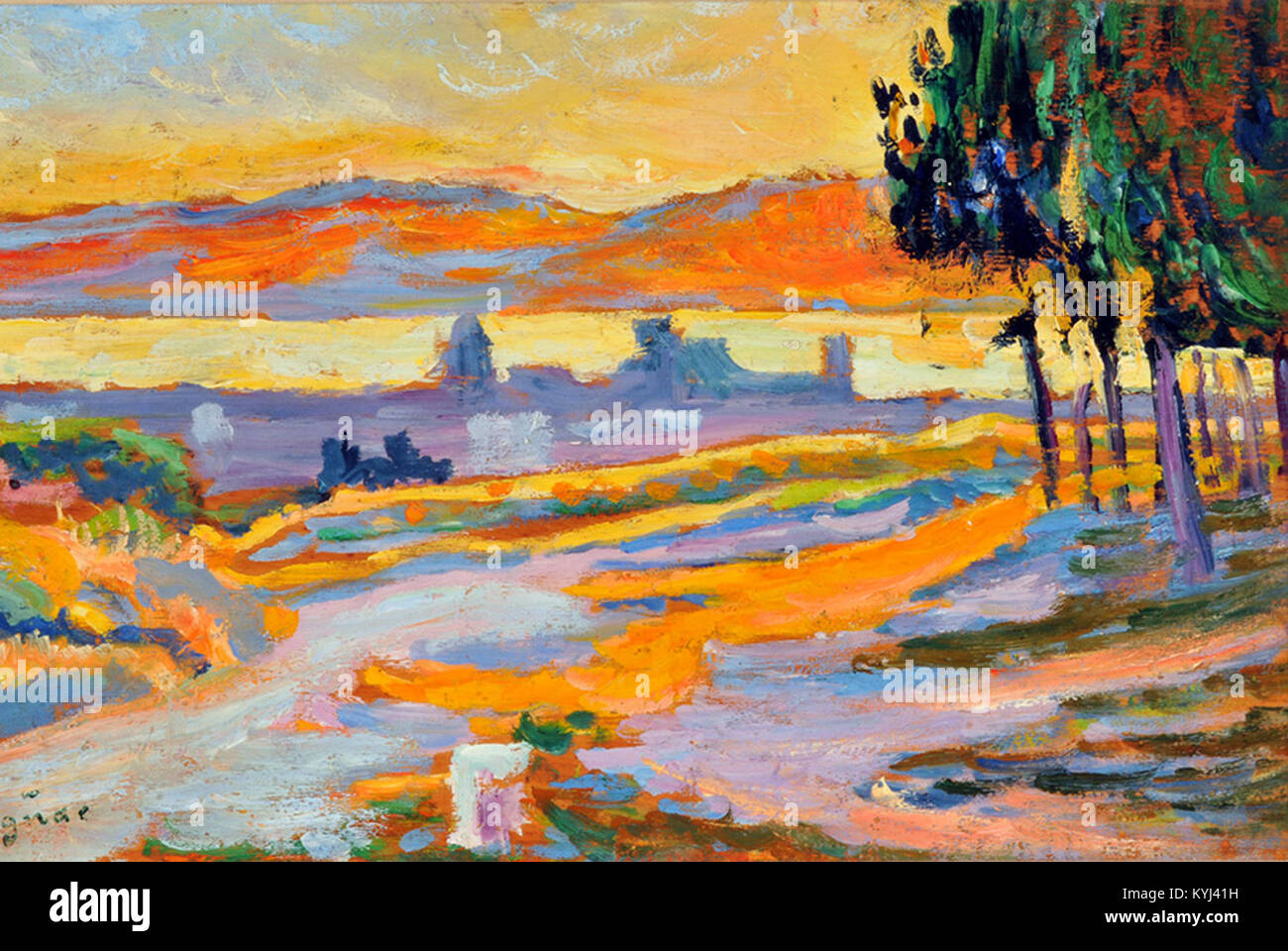 Questo dipinto del 1892 di Paul Signac, "Soleil couchant sur la ville", raffigura una città al tramonto in olio su legno, illustrando il paesaggio urbano e gli effetti di luce. Foto Stock