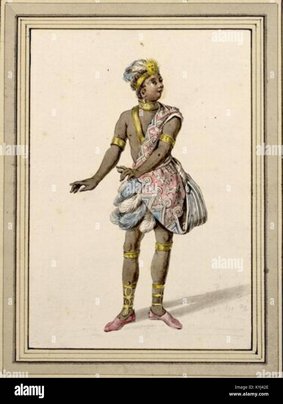 Questa immagine presenta un personaggio dell'opera *Solimano* di Johann Adolph Hasse del 1753, eseguita al teatro di corte di Dresda. L'opera, una produzione sontuosa, presentava scenografie di Giuseppe Galli Bibiena e si basava su un episodio della vita di Solimano il magnifico. Il personaggio ritratto è una pagina di Osmino. L'opera debuttò il 5 febbraio 1753 all'Opernhaus am Zwinger di Dresda. Foto Stock