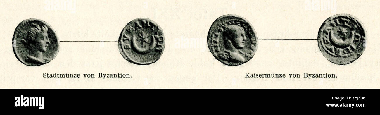 Moneta bizantina del XVI secolo di Bisanzio, coniata nel 1559, che mostra disegni dettagliati e immagini storiche che rappresentano l'Impero bizantino. Foto Stock