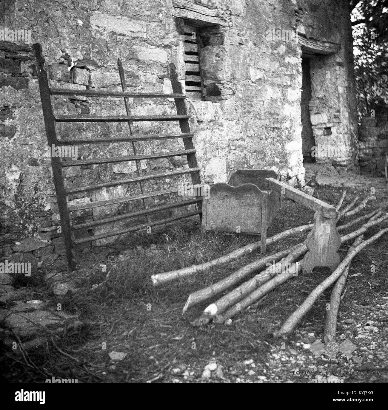 Questa fotografia del 1953 di Zali Breg, Slovenia, mostra un vecchio scaffale a muro, una culla per bambini e una struttura del letto con una tavola mancante, che illustra i mobili domestici della metà del XX secolo. Foto Stock