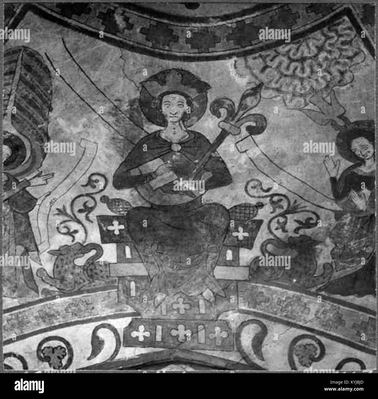 Fotografia della chiesa di Stora Köpinge, situata a Stora Köpinge, Svezia. La chiesa, risalente all'inizio del XII secolo, presenta dipinti a volta raffiguranti San Lorenzo, San Giovanni Battista e San Nicola. Foto Stock