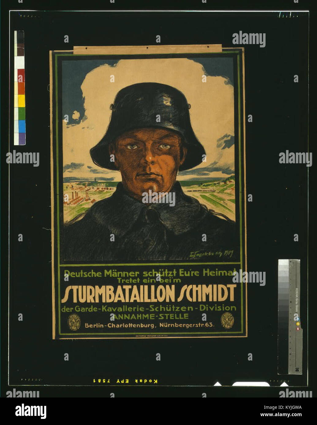 Questo poster di propaganda della prima guerra mondiale sollecita l'arruolamento nel Battaglione Sturm Schmidt, illustrando gli sforzi di reclutamento militare durante la guerra. Foto Stock