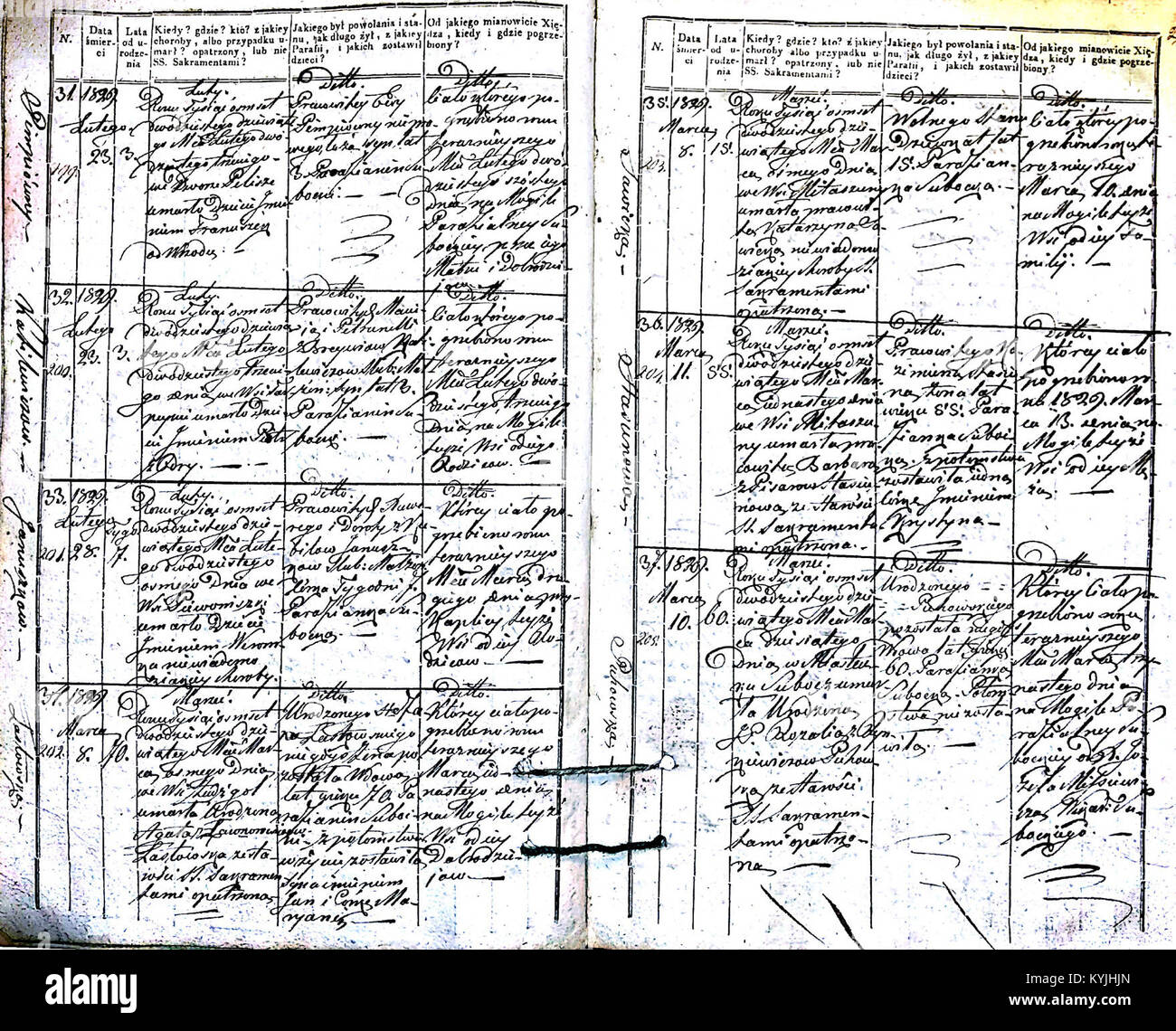 Registri di morte e sepoltura dalla Chiesa cattolica romana di Subačius per il 1827-1836, parte della documentazione dell'archivio parrocchiale. Foto Stock