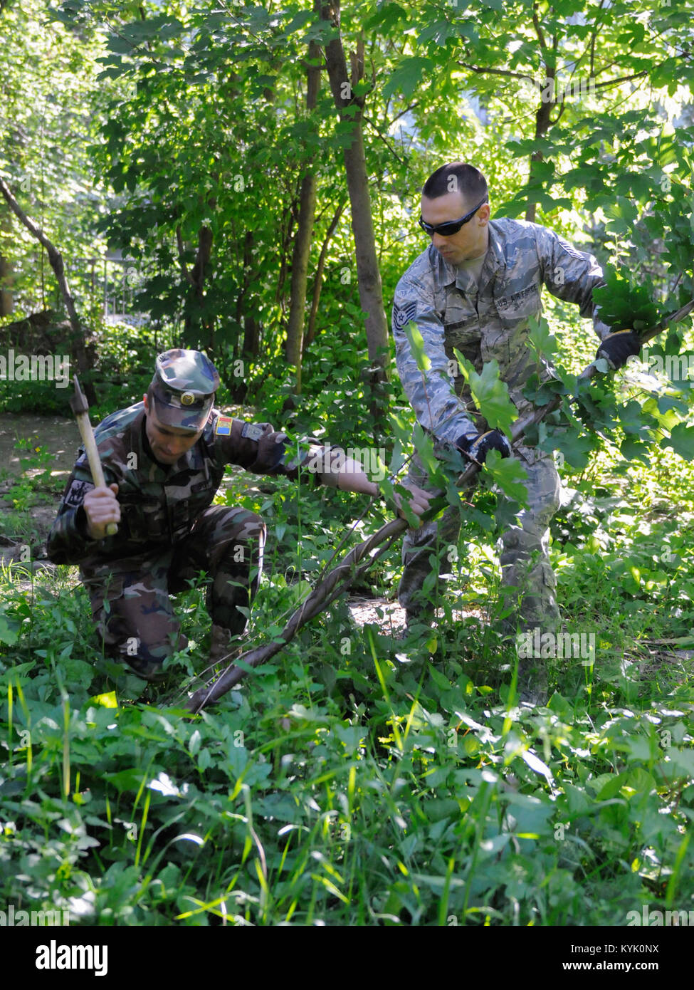 Un soldato da moldave esercito nazionale lavora fianco a fianco con un aviatore dal Kentucky Air National Guard's 123Ingegnere Civile squadrone di chiara spazzola lontano dietro la Scuola Speciale #12 a Chisinau, in Moldavia, Giugno 8, 2016. Più di 35 aviatori dal Kentucky unità sono il rinnovamento di questa istituzione, che è l unica scuola in Moldova appositamente per persone non udenti e con esigenze speciali agli studenti. Il progetto umanitario è una collaborazione con l'Ufficio di cooperazione della difesa degli Stati Uniti e Comando europeo, con fondi essendo fornita dal National Guard Bureau. (U.S. Air National Guard foto di Tech. Sgt. Foto Stock Un soldato da moldave esercito nazionale lavora fianco a fianco con un aviatore dal Kentucky Air National Guard's 123Ingegnere Civile squadrone di chiara spazzola lontano dietro la Scuola Speciale #12 a Chisinau, in Moldavia, Giugno 8, 2016. Più di 35 aviatori dal Kentucky unità sono il rinnovamento di questa istituzione, che è l unica scuola in Moldova appositamente per persone non udenti e con esigenze speciali agli studenti. Il progetto umanitario è una collaborazione con l'Ufficio di cooperazione della difesa degli Stati Uniti e Comando europeo, con fondi essendo fornita dal National Guard Bureau. (U.S. Air National Guard foto di Tech. Sgt. Foto Stock