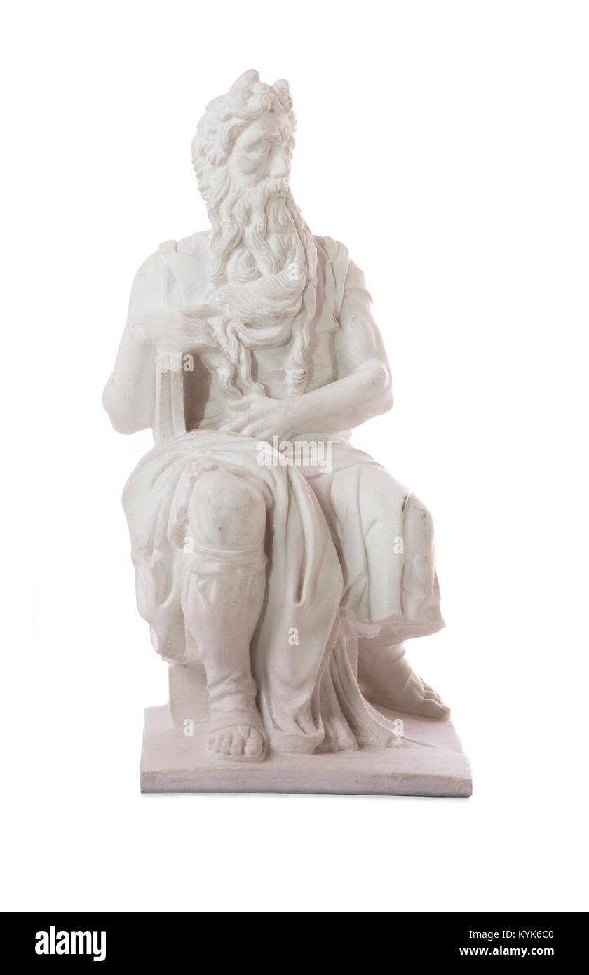 Replica di Mosè di Michelangelo scultura, molto popolari come souvenir di Roma. Isolato su sfondo bianco Foto Stock