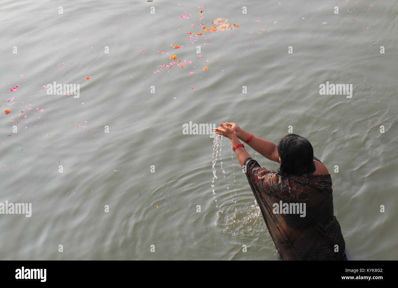 Donna indiana balneazioni in fiume Gange Varanasi India. Foto Stock