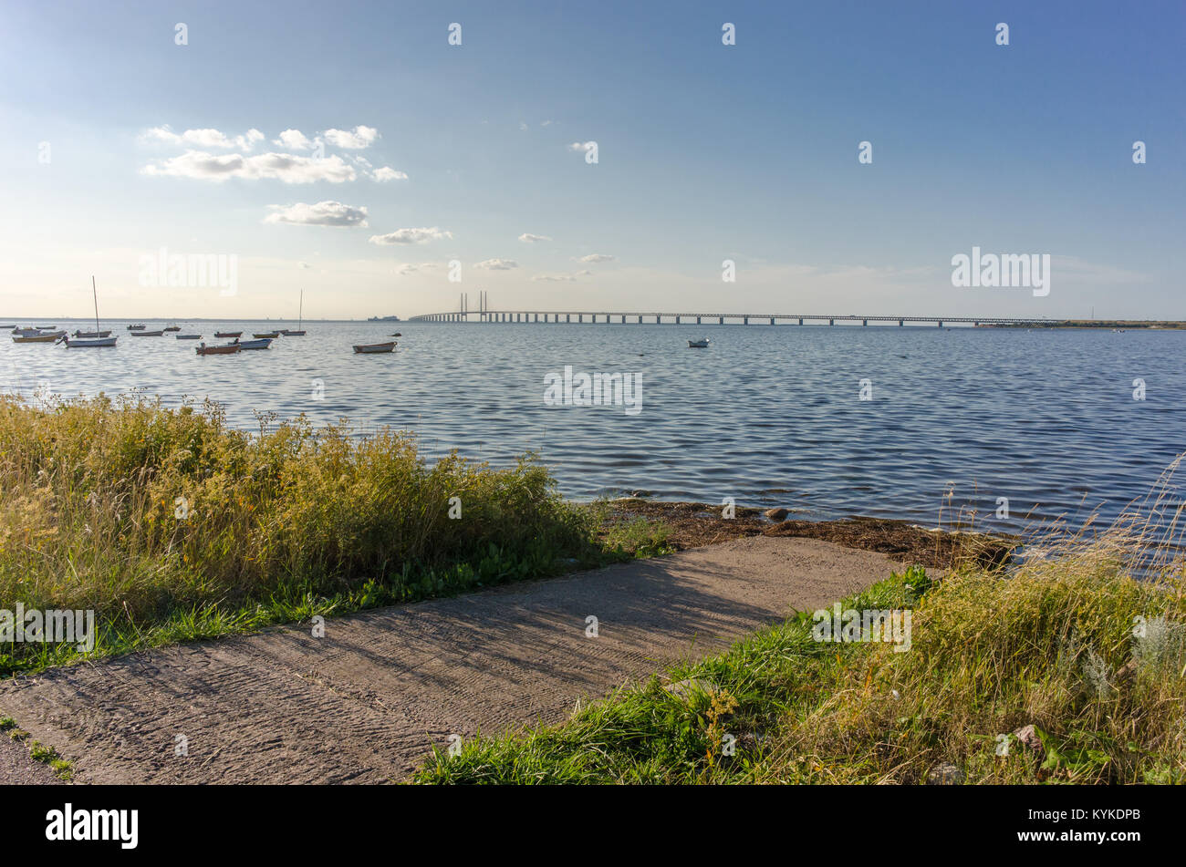 Oresund e Oresund Bridge visto da Bunkeflostrand in Malmo, Svezia su una soleggiata giornata estiva. Foto Stock