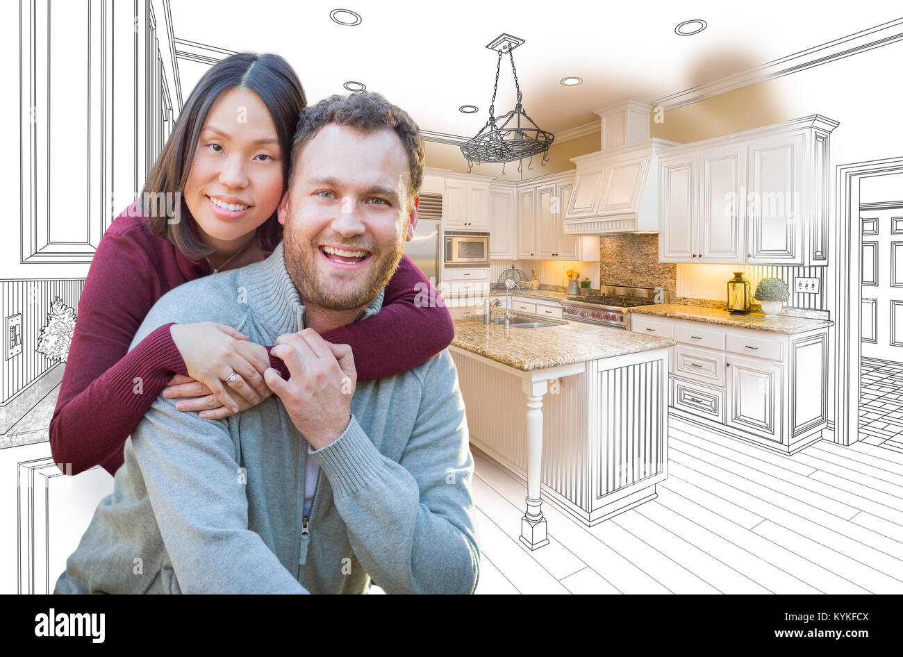 Razza mista caucasica cinese e la coppia di fronte di cucina personalizzato il disegno e la fotografia combinazione. Foto Stock