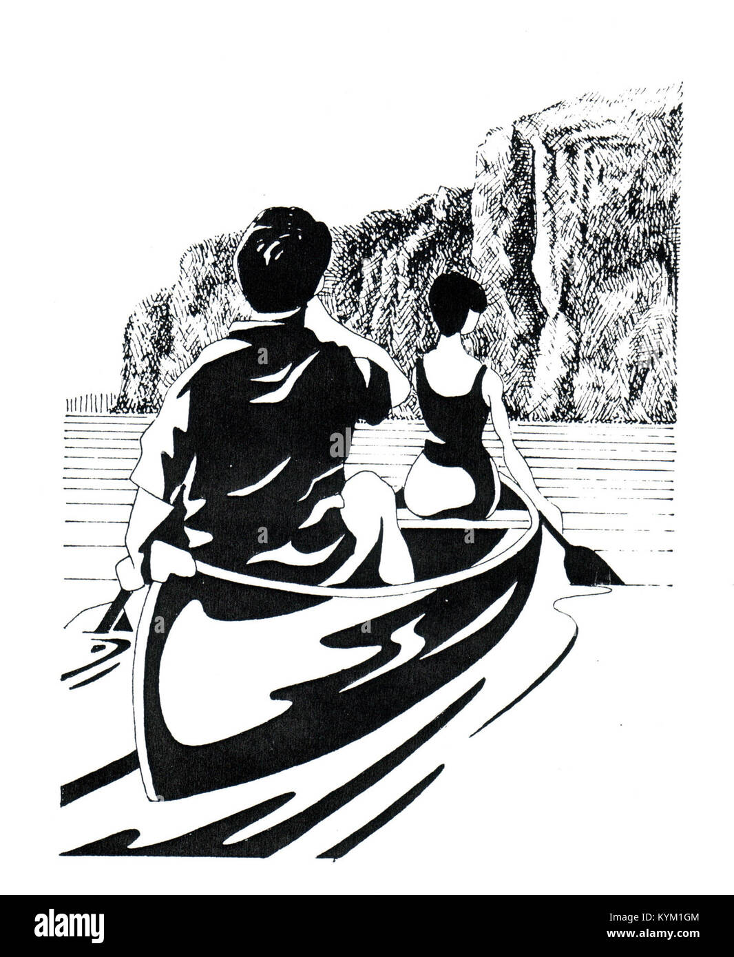 Opera d'arte di Bon Echo di Gary Sharman, creata nel 1990, che mostra un canoista sull'acqua, enfatizzando temi storici con un'illustrazione nostalgica e vintage. L'opera d'arte fa parte di una guida tascabile ed è una rappresentazione della bellezza naturale di Bon Echo. Foto Stock