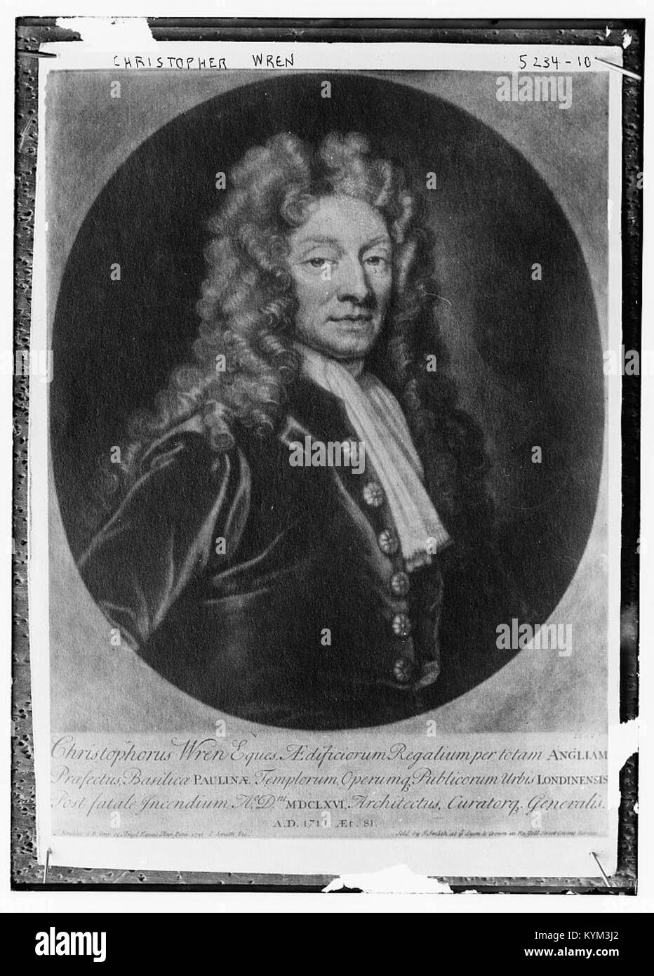 Questa fotografia cattura un ritratto di Christopher Wren, il famoso architetto noto per il suo lavoro sulla cattedrale di St. Paul a Londra, che documenta la sua eredità nella storia dell'architettura. Foto Stock