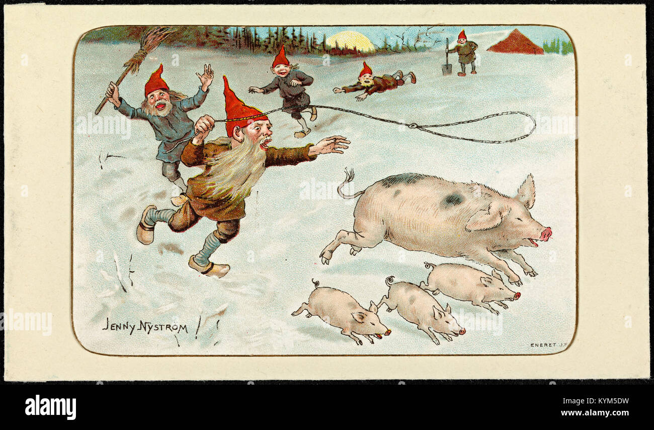 Illustrazione natalizia intitolata "Julemotiv" dell'artista svedese Jenny Nyström, nota per i suoi contributi ai disegni di biglietti di Natale, con motivi tradizionali. Foto Stock